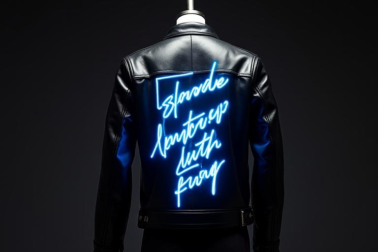 Giacca di pelle nera con calligrafia azzurra al neon