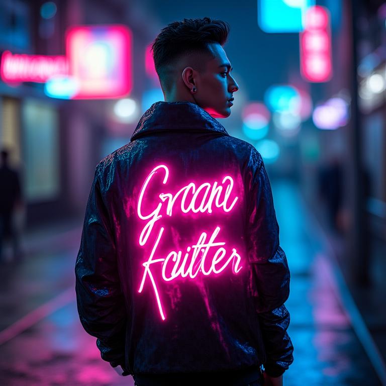 Modella indossa una giacca su misura con calligrafia al neon