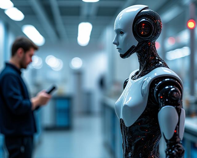 最先端のロボットアームとエンジニアの相談風景